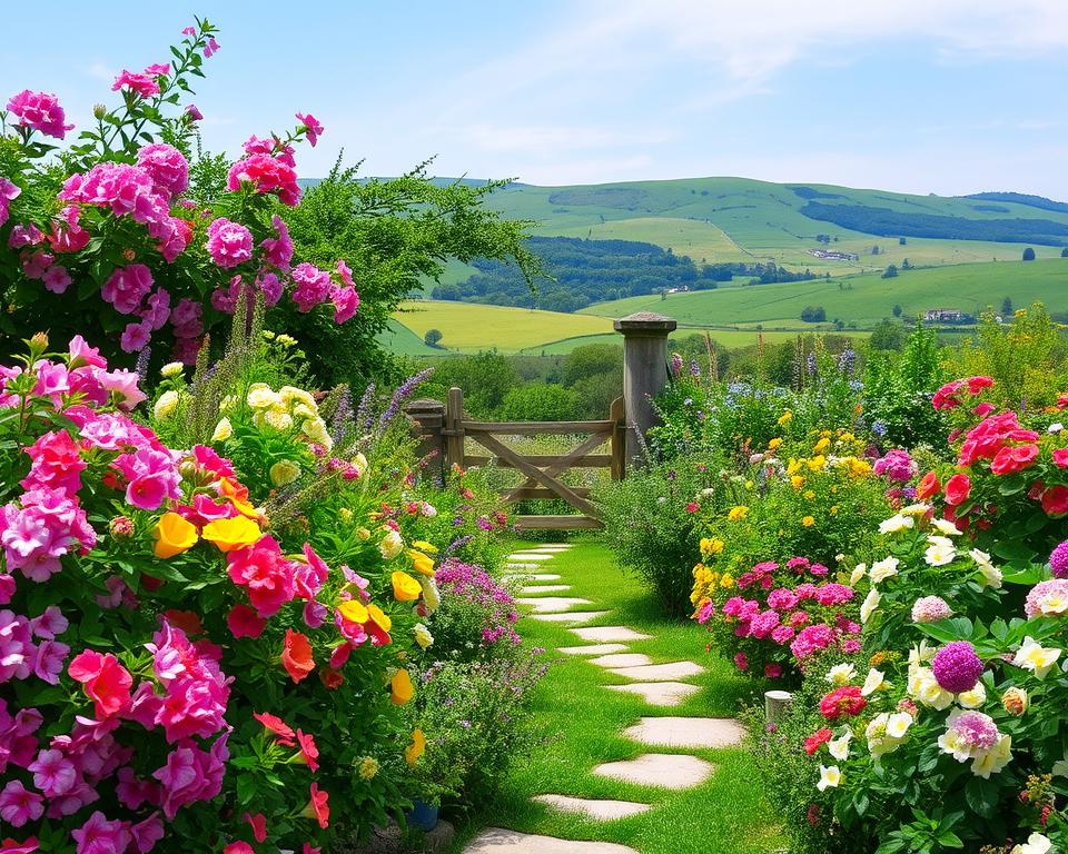 Cottage Garden mit bunten Blumen und traditioneller Gartengestaltung