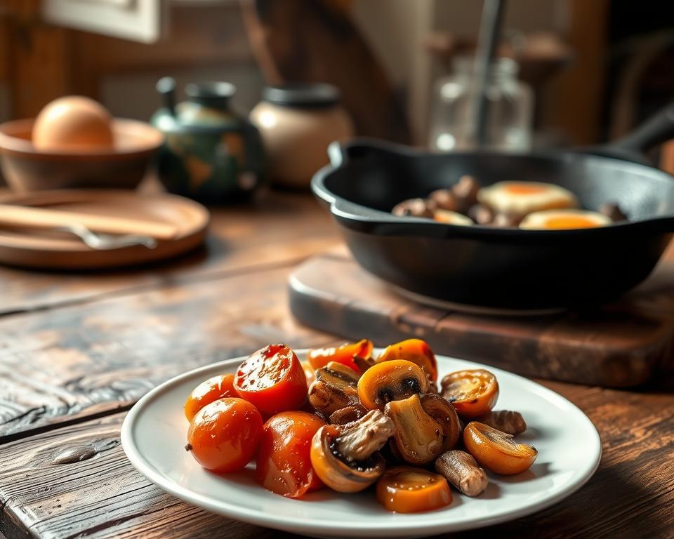 Irische Frühstücksbeilagen mit gebratenen Tomaten und Champignons