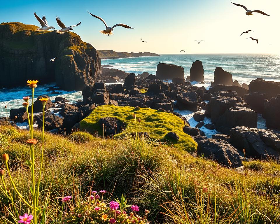 Küstenvegetation und Meeresvögel am Giant's Causeway