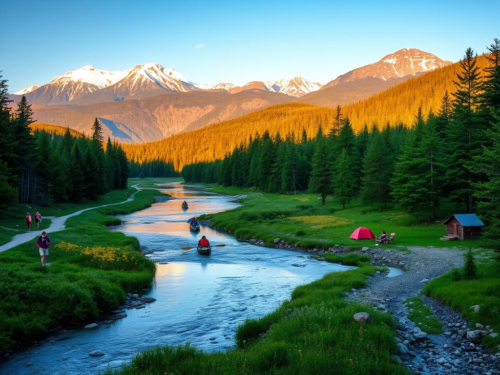 Outdoor Aktivitäten State Park: A serene landscape with towering mountains in the distance, their peaks capped with snow. In the foreground, a gently flowing river winds its way through the lush, verdant forest, its banks dotted with colorful wildflowers. Hikers traverse well-marked trails, taking in the fresh, crisp air and the sound of birdsong. Kayakers paddle leisurely on the calm waters, while campers gather around a crackling fire, roasting marshmallows under the stars. The scene is bathed in warm, golden light, creating a sense of tranquility and rejuvenation. This idyllic outdoor retreat offers endless opportunities for adventure, relaxation, and immersion in the natural beauty of New England. Outdoor Aktivitäten State Park: A serene landscape with towering mountains in the distance, their peaks capped with snow. In the foreground, a gently flowing river winds its way through the lush, verdant forest, its banks dotted with colorful wildflowers. Hikers traverse well-marked trails, taking in the fresh, crisp air and the sound of birdsong. Kayakers paddle leisurely on the calm waters, while campers gather around a crackling fire, roasting marshmallows under the stars. The scene is bathed in warm, golden light, creating a sense of tranquility and rejuvenation. This idyllic outdoor retreat offers endless opportunities for adventure, relaxation, and immersion in the natural beauty of New England.