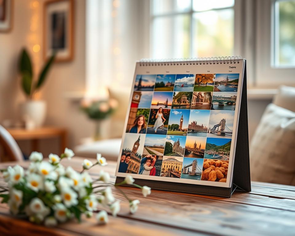 A beautifully arranged personalized photo calendar showcasing stunning vacation photos from England. In the foreground, the calendar stands elegantly on a rustic wooden table adorned with delicate flowers. The middle layer features vibrant images of iconic English landmarks like Big Ben, the Tower Bridge, and the picturesque countryside, all neatly displayed in a grid format. The background includes a softly lit room, creating a warm and inviting atmosphere with subtle bokeh effects. Warm, natural lighting filters through a nearby window, casting gentle shadows. The scene evokes a sense of nostalgia and celebration, perfect for an England enthusiast cherishing memories. The composition captures the essence of thoughtful, personal gifting, highlighting the beauty of shared moments.