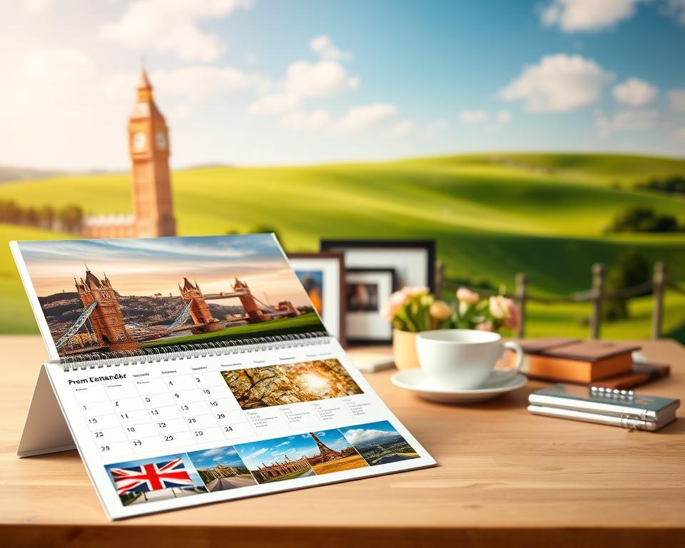A beautifully arranged photo calendar layout showcasing stunning photos from England. In the foreground, a neatly organized table features a partially opened calendar displaying vibrant images of iconic English landmarks such as Big Ben and the Tower Bridge. The middle ground includes a selection of framed travel photos and some decorative elements, like a cup of tea and a small vase of flowers, adding warmth. The background hints at a quaint English countryside scene with rolling green hills under a bright blue sky, creating a serene atmosphere. Use soft, natural lighting to enhance the colors and details, with a shallow depth of field to focus on the calendar and foreground elements. The overall mood should be inviting, inspiring creativity in designing a photo calendar.