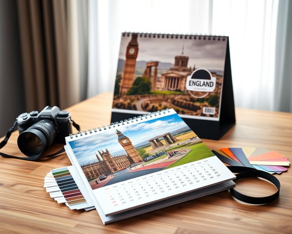 A beautifully arranged set of "Fotokalender Druckoptionen" displayed on a modern wooden desk. In the foreground, a vibrant open photo calendar features stunning holiday images from England, highlighting landmarks like Big Ben, Stonehenge, and the picturesque countryside. The middle layer includes a selection of printing options, such as glossy and matte finishes, alongside color swatches. In the background, soft natural light filters through a window, creating a warm, inviting atmosphere. A sleek camera rests beside the calendar, hinting at photography. The mood is creative and inspiring, ideal for showcasing high-quality printing choices. This composition should embody professionalism and artistic flair, appealing to those looking to create their own England holiday photo calendar.