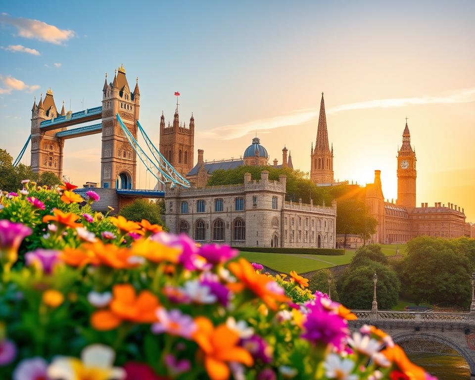 A beautifully composed photocalendar image showcasing iconic English landmarks. In the foreground, a vibrant blooming garden with colorful flowers, symbolizing the beauty of nature. The middle features majestic sights like the Tower Bridge, Buckingham Palace, and the rolling hills of the Cotswolds, perfectly arranged in an eye-catching collage. The background shows a soft sunrise illuminating the sky with warm golden hues, casting gentle light on the historical architecture. Shot from a low angle to enhance the grandeur of the landmarks, with a soft focus that creates a dreamy, inviting atmosphere. Emphasize the charm and diversity of English scenery, evoking a sense of nostalgia and wanderlust. No text, watermarks, or disturbances, ensuring a clean presentation for seamless integration into an article.