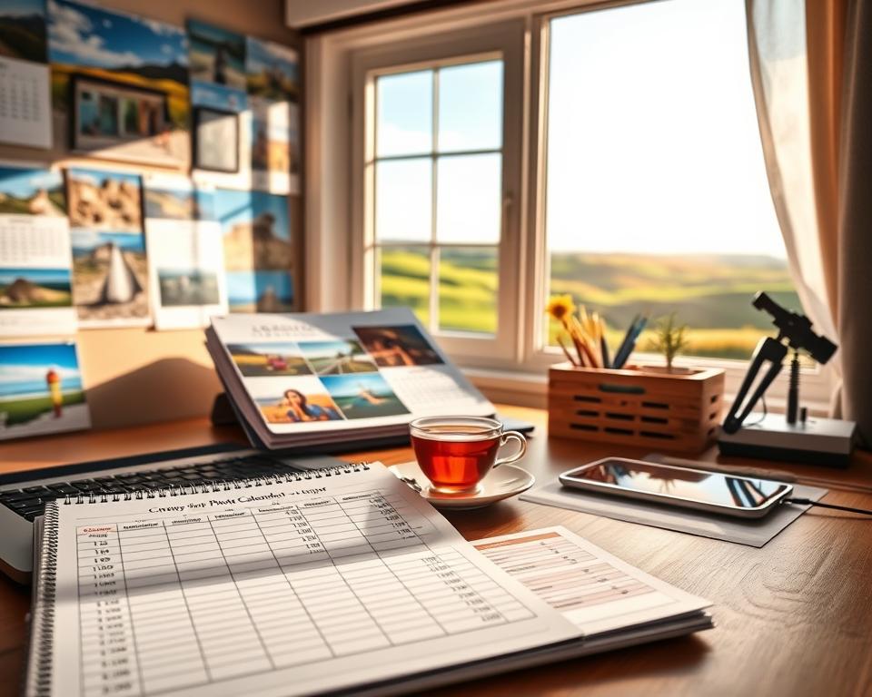 A cozy workspace scene showcasing a desk adorned with colorful photo calendar templates featuring stunning vacation images from England. In the foreground, a laptop with an open spreadsheet comparing costs and time for creating photo calendars is visible, highlighting various pricing tiers and time estimates. In the middle, a small stack of vibrant printed calendars sits alongside a cup of tea, evoking a warm and inviting atmosphere. The background features a window revealing a sunny, English countryside landscape, filled with lush green hills and a clear blue sky. The lighting is soft and warm, creating a comfortable, inspiring mood. The lens should capture the details of the desk and backgrounds with a slight depth of field, drawing attention to the calendar and spreadsheet.