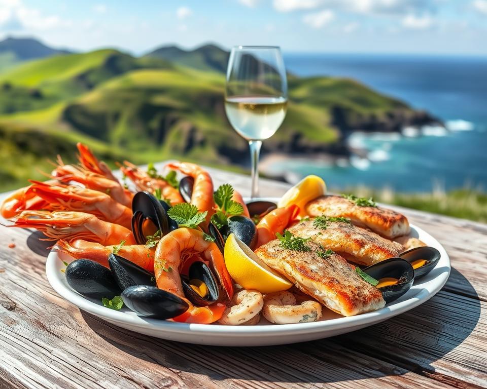 A beautiful and enticing seafood dish inspired by Connemara, Ireland, beautifully presented on a rustic wooden table. In the foreground, an array of fresh seafood, including succulent prawns, plump mussels, and tender fish fillets garnished with vibrant herbs and lemon wedges. The middle ground features an elegant wine glass filled with a light white wine, adding a touch of sophistication. The background showcases the scenic coastal landscape of Connemara, with rolling green hills meeting the Atlantic Ocean under a bright, blue sky. Soft, natural lighting highlights the freshness of the seafood, casting gentle shadows that enhance the richness of colors. The overall mood is inviting and serene, perfect for a culinary exploration in a picturesque Irish setting.