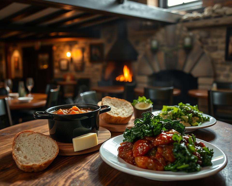 A beautifully arranged table showcasing traditional Irish cuisine, set in a cozy, rustic Irish pub. In the foreground, a wooden table adorned with a selection of hearty dishes: a steaming Irish stew in a cast-iron pot, traditional soda bread sliced beside rich butter, and a vibrant green kale dish. In the middle, a backdrop of shaded wooden beams and soft ambient lighting creates a warm atmosphere, with stone walls and a flickering fireplace, enhancing the inviting feel. Gentle shadows play across the table, suggesting late afternoon sunlight filtering through a nearby window. The mood is welcoming and intimate, perfect for a culinary discovery of Ireland's rich flavors. The scene is detailed, emphasizing the textures and colors of the food without any human subjects or distractions.