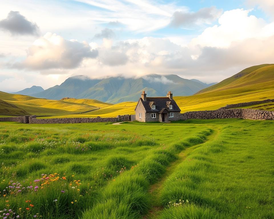 A breathtaking landscape of Connemara, Ireland, showcasing its wild, rugged beauty. In the foreground, a lush green field dotted with vibrant wildflowers, leading to a winding path that invites exploration. In the middle, a quaint stone cottage with a thatched roof, surrounded by rolling hills and stone walls typical of the region. The background features the dramatic Twelve Bens mountain range, shrouded in soft mist. The sky is a blend of soft pastels and bright blues, indicative of a brisk yet pleasant day, with fluffy white clouds drifting lazily. The lighting is warm and soft, evoking a serene, inviting atmosphere. Capture the essence of adventure and tranquility, inviting viewers to experience the charm and natural beauty of Connemara.