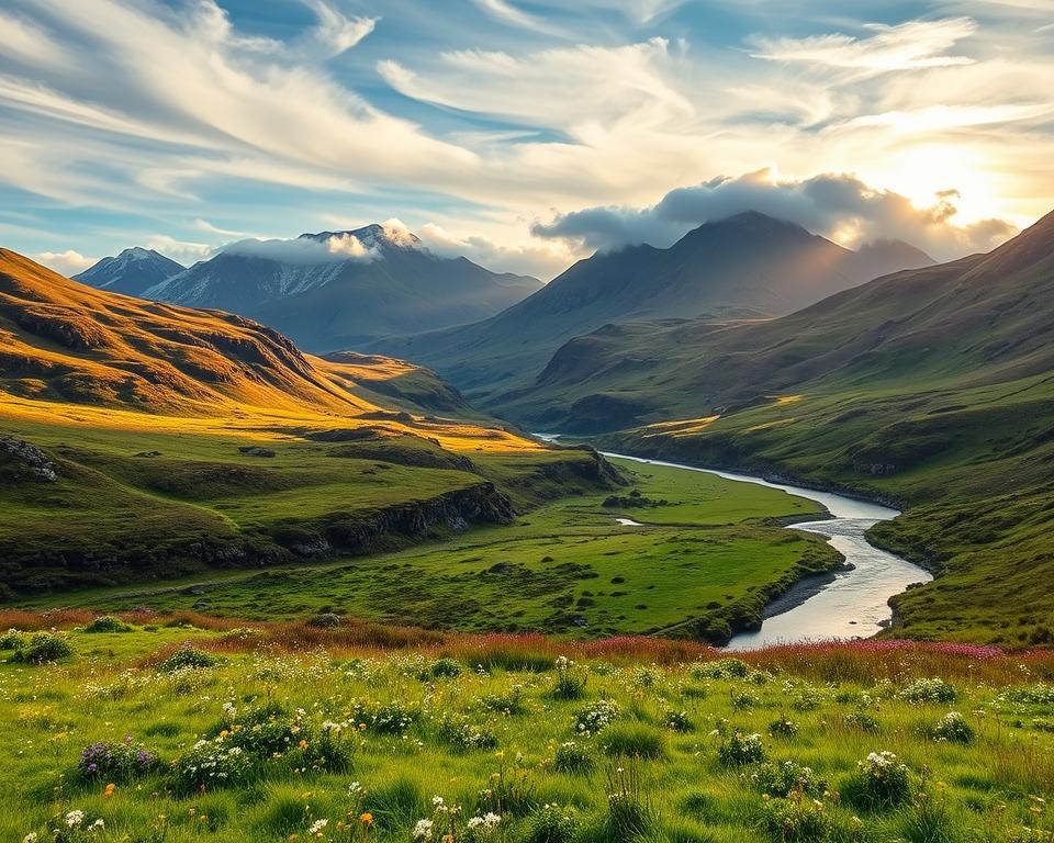 A breathtaking landscape of Connemara, Ireland, showcasing the region's rugged beauty. In the foreground, a lush green meadow dotted with wildflowers, leading to a serene, winding river. The middle ground features rolling hills with patches of heather and granite outcrops, reflecting the diversity of the terrain. Majestic mountains rise in the background, their peaks partially shrouded in mist under a dramatic sky filled with wispy clouds and soft sunlight filtering through. The atmosphere is peaceful and invigorating, capturing the essence of nature's splendor. The scene is framed as if viewed from a slightly elevated angle, emphasizing the vastness of the landscape. The lighting is warm and inviting, suggesting the ideal travel time during the golden hours of sunrise or sunset.