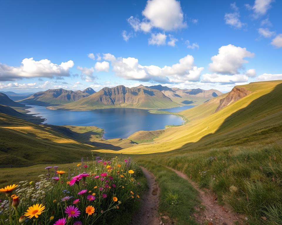 A breathtaking landscape photograph of Connemara, Ireland, showcasing rolling green hills, rugged mountains, and tranquil lakes. In the foreground, vibrant wildflowers in various colors add contrast, while a narrow winding path invites the viewer into the scene. The middle ground features a serene lake, reflecting the sky and surrounding mountains, kissed by soft morning light that casts gentle shadows. In the background, the majestic Twelve Bens mountain range towers under a bright blue sky dotted with fluffy white clouds. The scene conveys a peaceful and idyllic atmosphere, perfect for capturing the essence of Connemara. Shot with a wide-angle lens at a low angle to emphasize depth, the image should evoke a sense of adventure and tranquility, ideal for any nature lover.