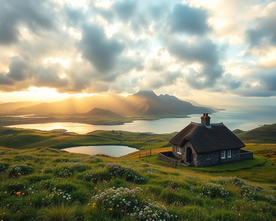A breathtaking view of Connemara, Ireland, showcasing its most famous landmarks. In the foreground, a vibrant green hillside dotted with wildflowers, leading to a tranquil lake reflecting the dramatic sky. The middle ground features the iconic Twelve Bens mountain range, their peaks slightly shrouded in mist, creating a sense of mystery. A charming stone cottage with a thatched roof nestles among the greenery, evoking the region's traditional architecture. In the background, the Atlantic Ocean glimmers under soft golden sunlight, enhancing the serene atmosphere. The scene is bathed in warm, diffused lighting during the golden hour, with a slight breeze suggested by the gentle ripples on the water. Capture the natural beauty and timeless charm of Connemara, inviting viewers into a peaceful and picturesque landscape.