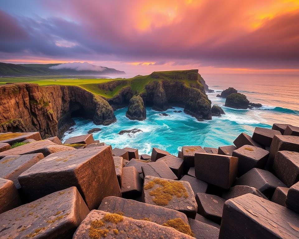 A breathtaking view of Giant's Causeway in Northern Ireland, featuring the iconic hexagonal basalt columns emerging from the vibrant turquoise sea. The foreground showcases a few moss-covered stones, while the middle ground highlights the rugged, jagged coastline with waves crashing against the shore. The background includes a dramatic sky, blending warm sunset hues of orange and purple, casting a soft glow over the landscape. Gentle mist rises from the ocean, creating a mystical atmosphere. The scene is captured with a wide-angle lens, emphasizing the vastness of the coastline, and warm, natural lighting enhances the colors. The overall mood is serene and awe-inspiring, perfect for illustrating the majestic beauty of Northern Ireland.