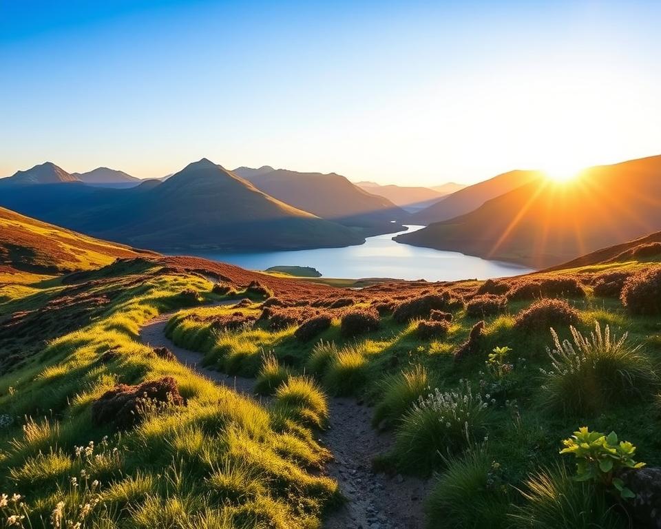 A breathtaking view of the Scottish Highlands along the West Highland Way, capturing a picturesque scene. In the foreground, a winding path leads through lush green grass and wildflowers, inviting hikers to explore. In the middle ground, a serene loch reflects the clear blue sky, surrounded by rolling hills covered in heather. The background features dramatic mountains under a soft golden light of a setting sun, casting a warm glow over the landscape. The atmosphere is tranquil and inspiring, embodying the essence of nature's beauty. The composition should be taken from a slightly elevated angle, resembling a landscape photograph shot with a wide-angle lens to emphasize depth and perspective.