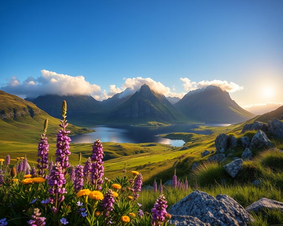 A breathtaking view of the Twelve Bens mountain range in Connemara, Ireland, framed by lush, green valleys and body of water reflecting the stunning peaks. In the foreground, vibrant wildflowers in shades of purple and yellow create a natural border, while rocky outcrops provide texture. The middle ground showcases the rugged, majestic mountains, their peaks shrouded in soft, wispy clouds, hinting at a mystical atmosphere. In the background, a clear blue sky enhances the serenity of the landscape, with the sun casting a warm golden light over the scene, highlighting the textures and contours of the mountains. The overall mood is peaceful and awe-inspiring, evoking the untouched beauty of Ireland's natural landscapes. The composition is best captured using a wide-angle lens to encompass the grandeur of the scenery.