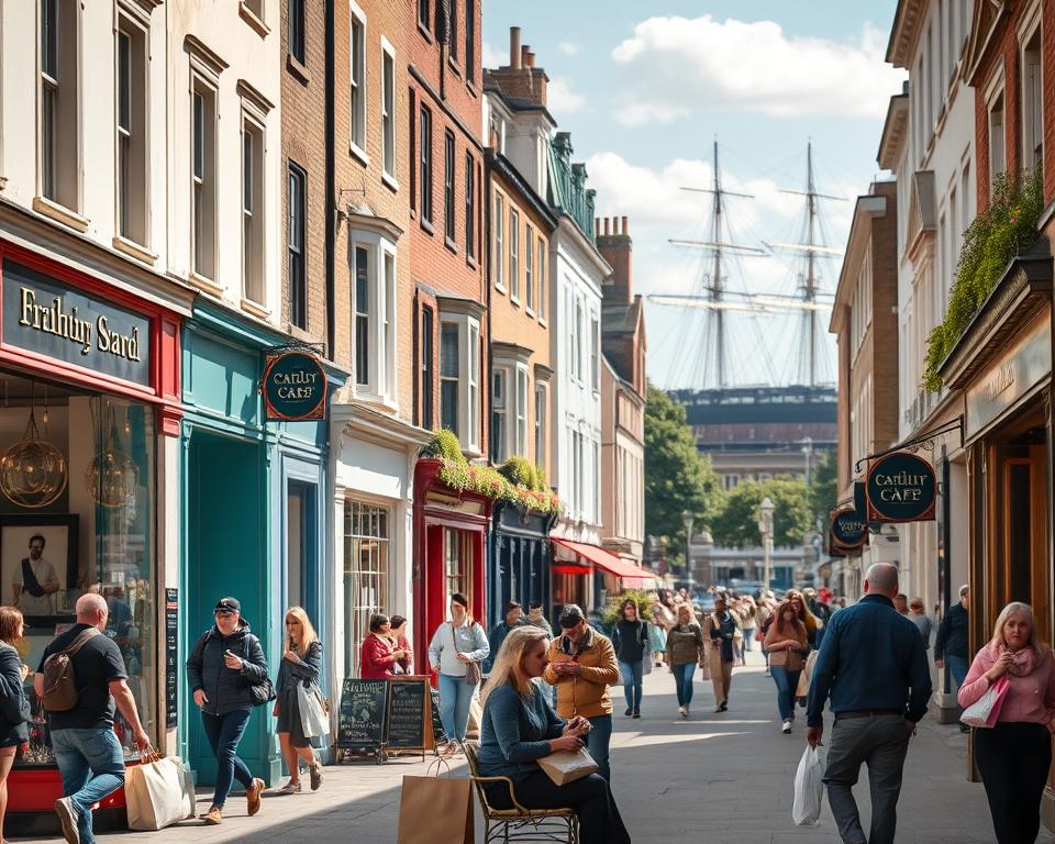 A bustling street scene in Greenwich, London, capturing the charm of shopping areas filled with quaint boutiques and trendy cafés. In the foreground, colorful shopfronts display a variety of goods, with shoppers browsing and enjoying their day. A couple of people are seated outside a café, sipping coffee in modest casual clothing, while others carry shopping bags. The middle ground features a traditional English pub with an inviting outdoor seating area. In the background, historic buildings and lush greenery add depth, while the iconic Cutty Sark ship can be seen in the distance. The scene is illuminated by warm afternoon sunlight, casting soft, inviting shadows, creating a lively yet relaxed atmosphere. The angle captures a slightly elevated perspective to showcase the vibrancy of local life.
