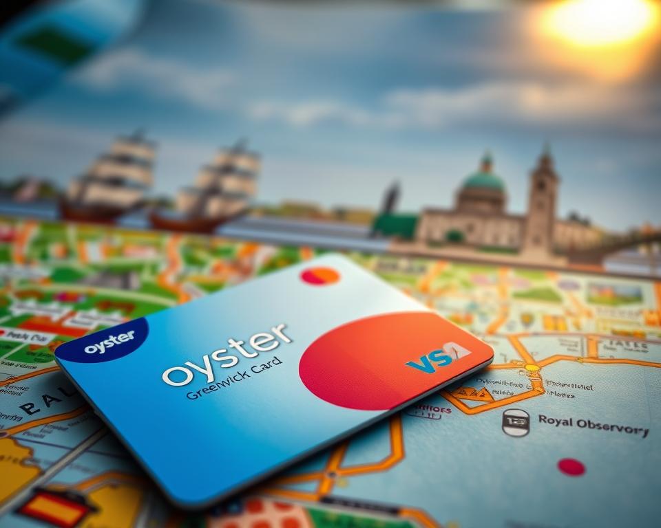 A close-up view of an Oyster Card lying on a vibrant travel map of Greenwich, London. The foreground showcases the Oyster Card, detailed with its signature colors and design, reflecting light softly from above. In the middle ground, the map features key landmarks like the Cutty Sark and the Royal Observatory, with vibrant illustrations highlighting popular attractions. The background includes hints of Greenwich's skyline, shaded in golden sunset hues, casting a warm glow over the scene. The atmosphere is inviting and adventurous, perfect for travelers. The lighting is soft yet clear, emulating a peaceful evening, enhancing the sense of exploration and planning for a visit to Greenwich.