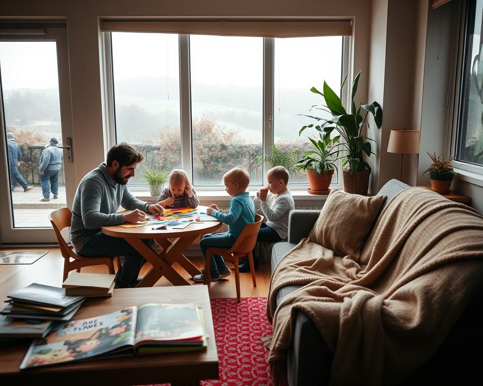 A cozy indoor scene showcasing a family enjoying engaging activities on a rainy day in Ireland. In the foreground, a father and mother sit at a table with their two children, working on colorful arts and crafts, surrounded by vibrant materials. The middle ground features a snug reading nook with a pile of picture books and a soft, inviting sofa draped with a warm blanket. In the background, large windows reveal a gloomy, rain-soaked landscape outside, while plants thrive in lively pots, adding a touch of greenery. Soft, diffused lighting creates a warm and inviting atmosphere, emphasizing the closeness and joy of family time. The scene captures the essence of fun indoor activities perfect for families visiting Ireland.