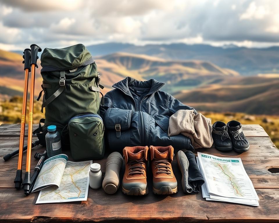 A detailed packing list for the West Highland Way in Scotland, presented as a flat lay arrangement on a rugged wooden table. The foreground features essential hiking equipment like a durable backpack, trekking poles, a map of the trail, and water bottles, all neatly organized. In the middle, showcase a cozy pair of hiking boots and layered outdoor clothing, including a weatherproof jacket and breathable base layers. The background features a picturesque Scottish landscape with rolling hills and cloudy skies, hinting at the beauty of the trail. The lighting is soft and natural, resembling early morning light, casting gentle shadows to create depth. The overall mood is adventurous and inviting, perfect for outdoor enthusiasts planning their journey.