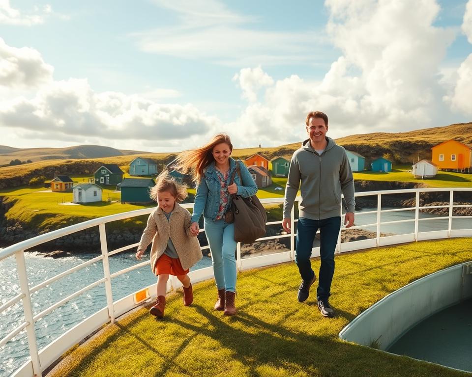 A family of four joyfully arriving in Ireland, with two young children in comfortable, modest casual clothes. The foreground features the family stepping off a ferry onto a grassy pier, excited expressions illuminated by warm, golden sunlight. In the middle, colorful traditional Irish cottages dot the landscape, surrounded by lush green hills and the sparkling blue sea, evoking a sense of adventure. The background showcases a dramatic sky with soft, fluffy clouds, hinting at a bright new journey ahead. The scene captures a warm and welcoming atmosphere, filled with hope and excitement, using a slightly elevated angle to enhance the welcoming aspect of the location, conveying a sense of arrival in a beautiful new environment.