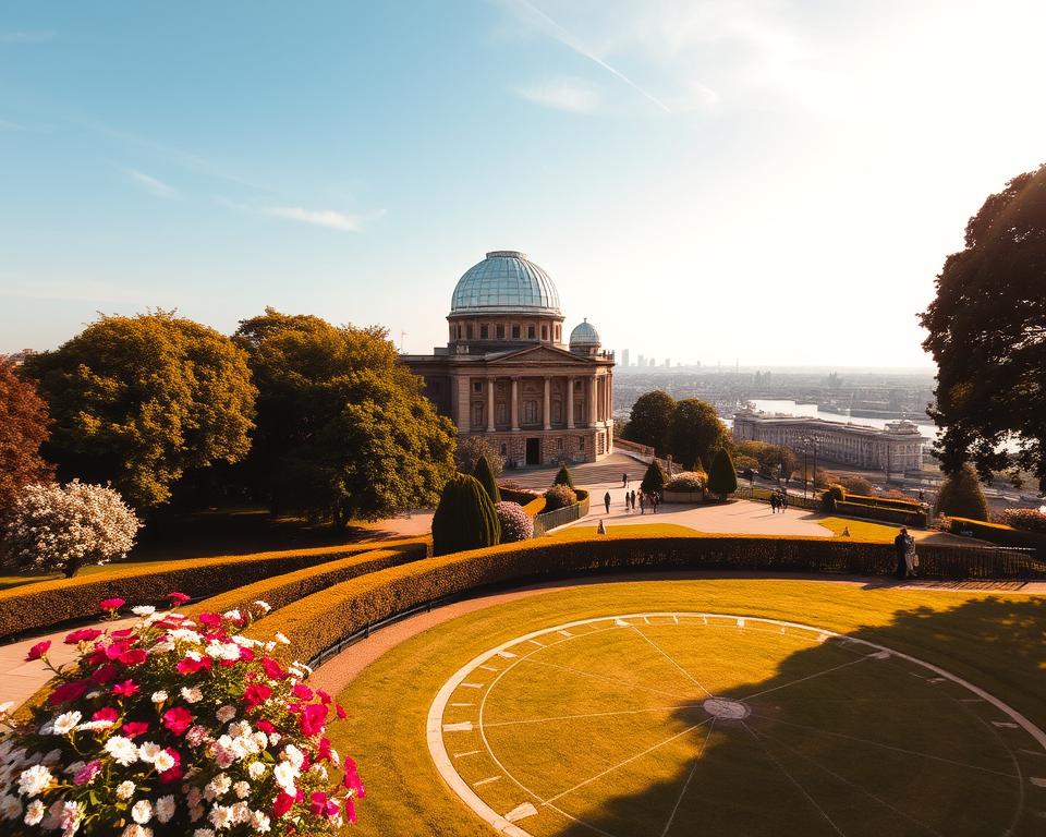 A majestic view of the Royal Observatory Greenwich, showcasing the iconic observatory building with its grand architecture, complete with a white dome and a meridian line prominently marked on the ground. In the foreground, a well-manicured garden with blooming flowers and neatly trimmed hedges invites viewers. The middle ground features the main observatory structure surrounded by lush trees, while the background presents a panoramic view of the River Thames and the city skyline under a clear blue sky. Soft, warm afternoon sunlight bathes the scene, casting gentle shadows that enhance the detailed textures of the stone facade. The atmosphere is serene and inviting, reflecting a sense of historical significance and the pursuit of knowledge about time and astronomy. The image is captured from a low angle to emphasize the grandeur of the observatory against the expansive sky, with no people present in the scene.