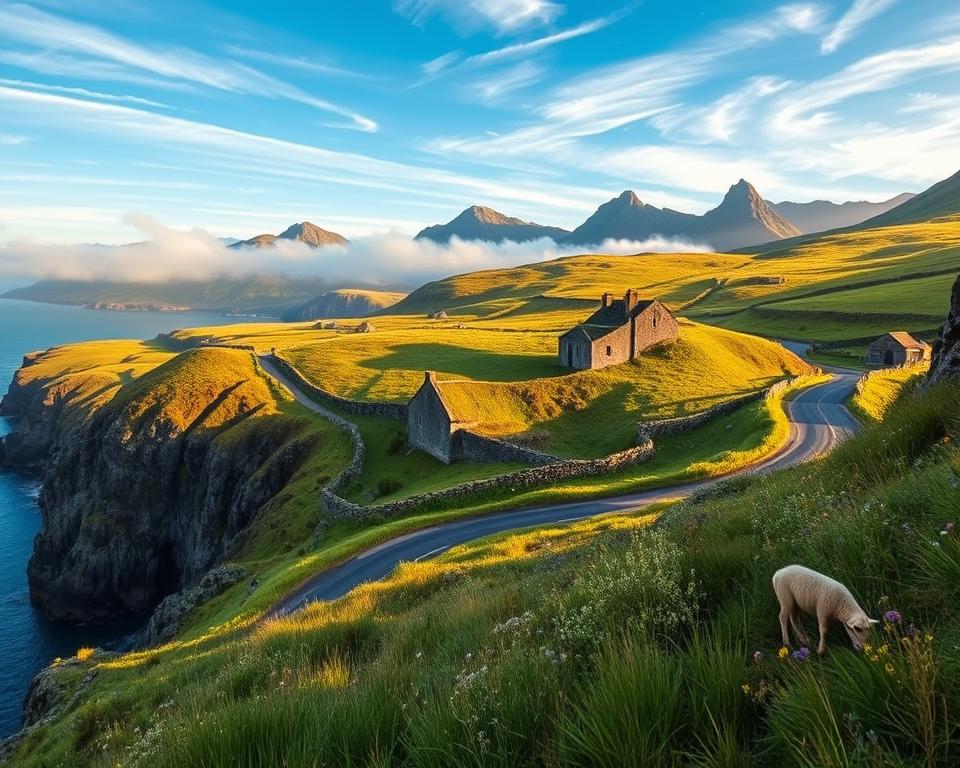 A panoramic view of Connemara's stunning landscape, showcasing a winding coastal road layered with vibrant green grass and rugged cliffs on the foreground. In the middle ground, quaint stone cottages dot the hillsides, surrounded by wildflowers and sheep grazing peacefully. The background features the majestic Twelve Bens mountain range, shrouded in soft mist, under a bright blue sky with wispy clouds. The scene captures the golden light of early morning, creating a serene and inviting atmosphere. The image is framed from a slightly elevated angle, emphasizing the meandering route through the picturesque countryside, inviting travelers to explore this breathtaking region of Ireland.