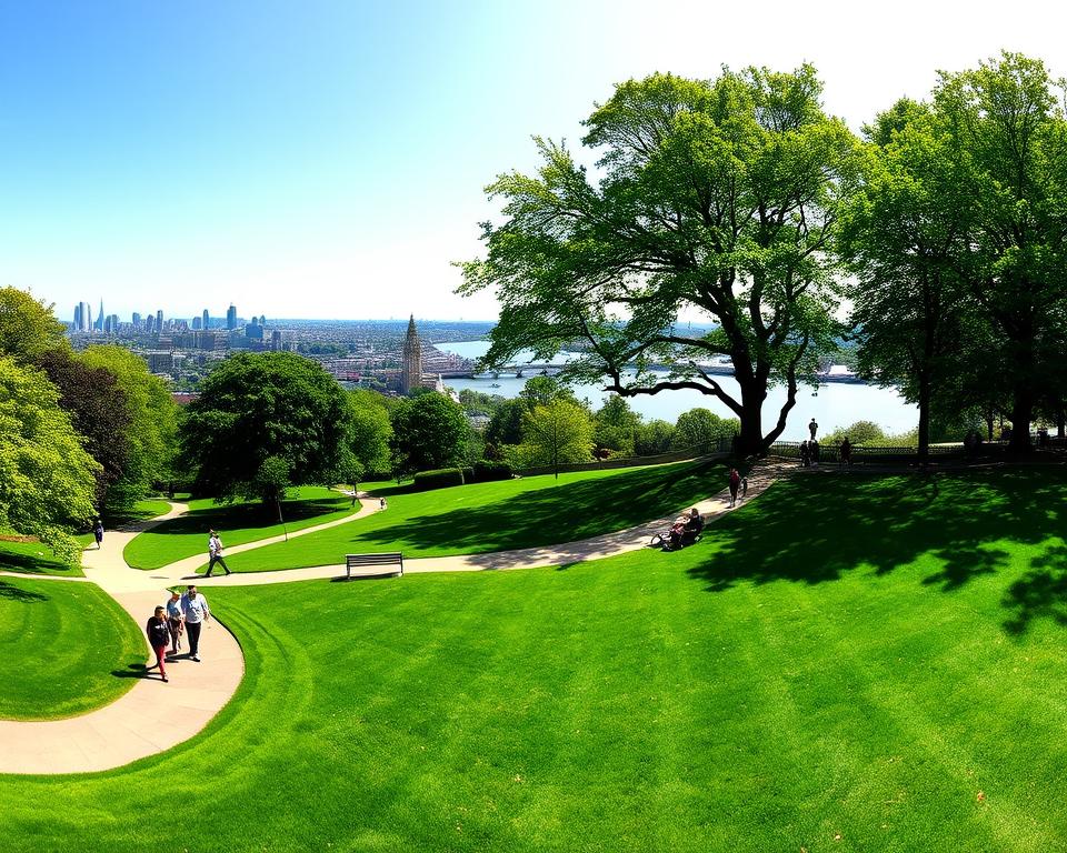 A panoramic view of Greenwich Park in London during a clear day, showcasing vibrant greens from the lush trees and sprawling grass. In the foreground, a winding pathway with a few people dressed in casual clothing enjoying a leisurely stroll. The middle ground features a scenic overlook with park benches, where individuals relax and take in the surroundings. The background is dominated by iconic London landmarks like the Old Royal Naval College and the River Thames shimmering under the bright sun. Soft sunlight casts gentle shadows, enhancing the serene atmosphere of nature intertwined with urban life, evoking a peaceful respite from the city's hustle. The image should be captured from a slightly elevated angle to provide a comprehensive view, emphasizing the scale and beauty of the park.