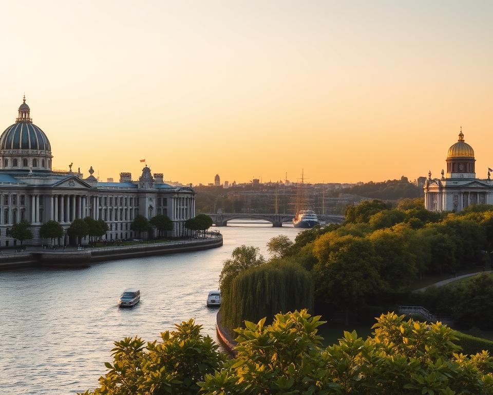A panoramic view of UNESCO World Heritage Site Greenwich, showcasing the iconic Old Royal Naval College in the foreground with its impressive domes and classic architecture. In the middle ground, the serene Thames River glistens under a warm sunset, reflecting the historic buildings and the nearby Cutty Sark ship, a symbol of maritime heritage. The background features the expansive Greenwich Park, with lush greenery leading to the gold-topped Royal Observatory perched on a hill, offering a majestic contrast. The scene is bathed in golden hour lighting, creating a tranquil and warm atmosphere. Use a wide-angle lens to capture the full breadth of the landscape, emphasizing the harmony of history and nature. The mood is serene and inviting, perfect for exploring the maritime legacy of this iconic area.