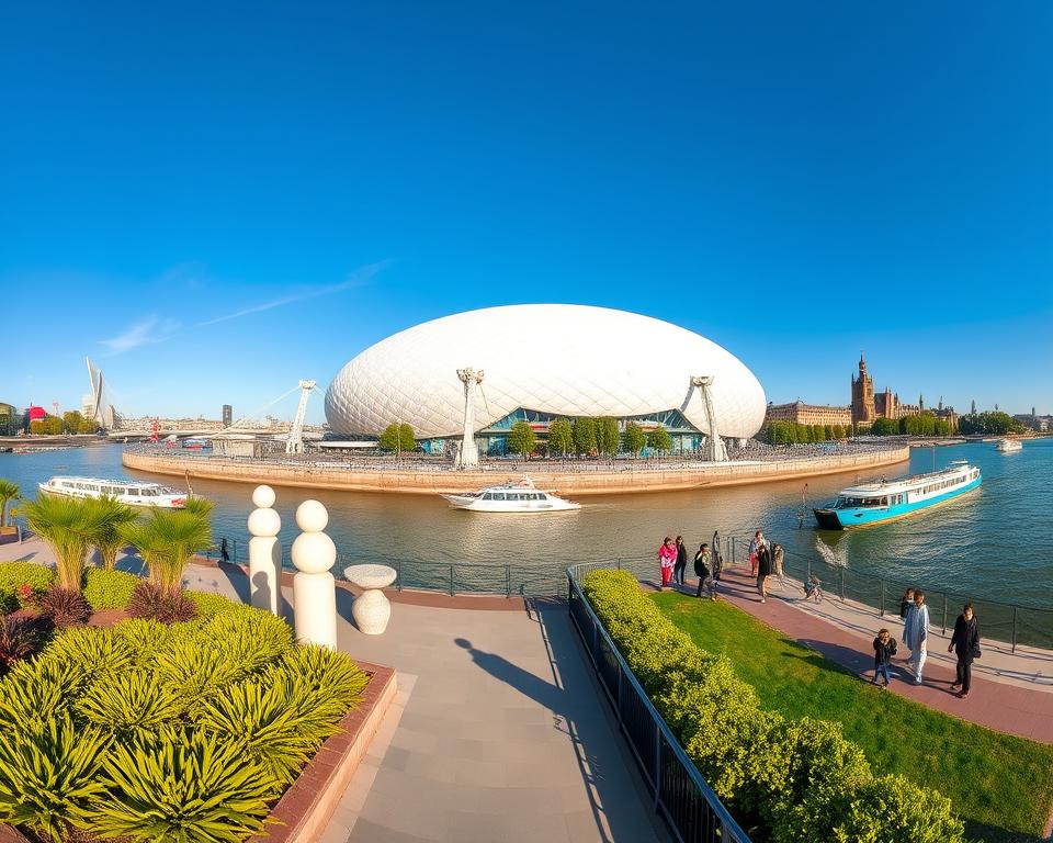A panoramic view of the O2 Arena in London, showcasing its iconic, white, domed structure under a bright blue sky. In the foreground, vibrant greenery and modern sculptures line the pathway leading to the arena, inviting visitors. Mid-ground features the bustling riverside promenade, with people in professional attire and casual clothing enjoying the atmosphere, while boats leisurely navigate the Thames. The background highlights the skyline of Greenwich Park, with lush trees and distant historic buildings, providing a natural contrast to the modern architecture of the O2. The scene is lit with warm sunlight, creating a lively and inviting atmosphere, captured from a low angle that emphasizes the grandeur of the arena.
