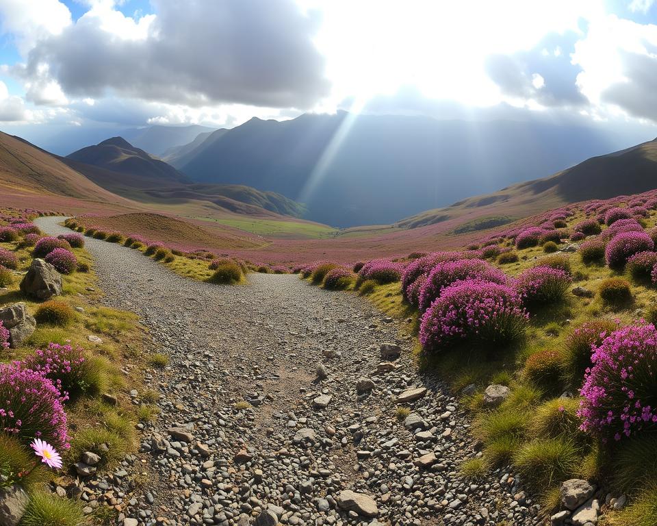 A panoramic view of the West Highland Way in Scotland, showcasing the rugged terrain and diverse landscape. In the foreground, a winding trail made of earthy gravel and stones leads the viewer’s eye into the distance. Scattered wildflowers in vibrant colors add a touch of life. The middle ground features rolling hills and patches of heather blooming in purples and pinks, symbolizing the natural beauty of the region. In the background, majestic, mist-covered mountains rise against a bright sky, hinting at the challenging aspects of the trail. Soft sunlight filters through the clouds, illuminating the path and creating a serene atmosphere. The image captures the essence of adventure and nature, inviting exploration of Scotland’s iconic hiking route.