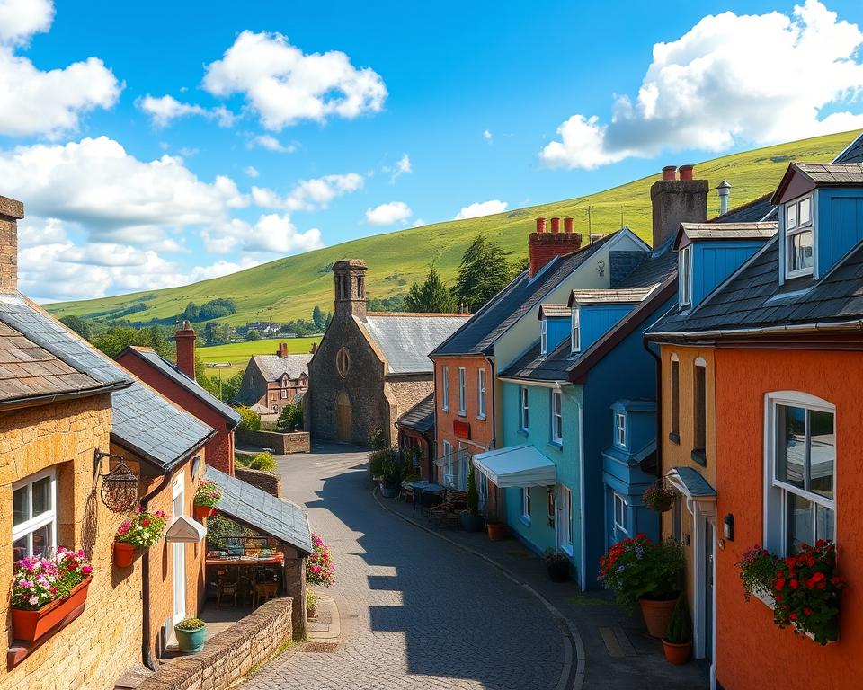 A picturesque Irish village scene featuring quaint, colorful houses with flower-filled window boxes in the foreground. In the middle ground, cobblestone streets wind through the village, with a traditional stone church and a bustling marketplace displaying artisanal goods. The background showcases rolling green hills under a bright blue sky, with fluffy white clouds drifting lazily. The lighting is warm and inviting, suggesting a late afternoon ambiance, casting soft shadows. Use a wide-angle lens for a panoramic view, and emphasize a serene, charming atmosphere that captures the essence of Ireland’s historical towns and their natural beauty. The scene should evoke a sense of wanderlust and nostalgia.