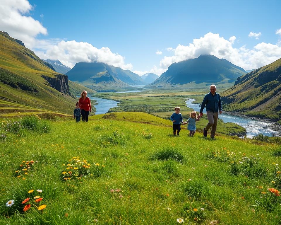 A picturesque landscape of Ireland's natural beauty, featuring a vibrant green hillside in the foreground with soft, rolling grass dotted with colorful wildflowers. In the middle ground, a family of four, including two children, joyfully explores the area, dressed in modest casual clothing, with a joyful atmosphere around them. They are admiring the stunning view of a serene river flowing gently through the lush valley, flanked by majestic cliffs under a bright blue sky. In the background, the iconic misty mountains of Ireland rise, partially shrouded in clouds, adding depth and a sense of adventure to the scene. The lighting is warm and inviting, as if it’s a sunny afternoon, creating a cheerful and welcoming mood that captures the essence of family exploration in nature.