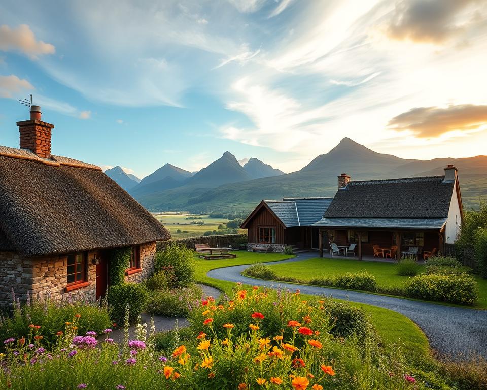 A picturesque scene depicting "Unterkünfte Connemara," showcasing charming accommodations nestled in the breathtaking landscape of Connemara, Ireland. In the foreground, a traditional Irish cottage with a thatched roof, surrounded by vibrant wildflowers and lush greenery. The middle ground features a cozy bed and breakfast with inviting outdoor seating, framed by rolling hills. In the background, dramatic mountains tower under a sky painted with soft, warm light during golden hour. The atmosphere is tranquil and welcoming, embodying the appeal of diverse lodging options for every taste. Use a crisp, wide-angle lens to capture the expansive beauty of the surroundings, ensuring a sense of serenity and comfort that invites travelers to explore this enchanting region.