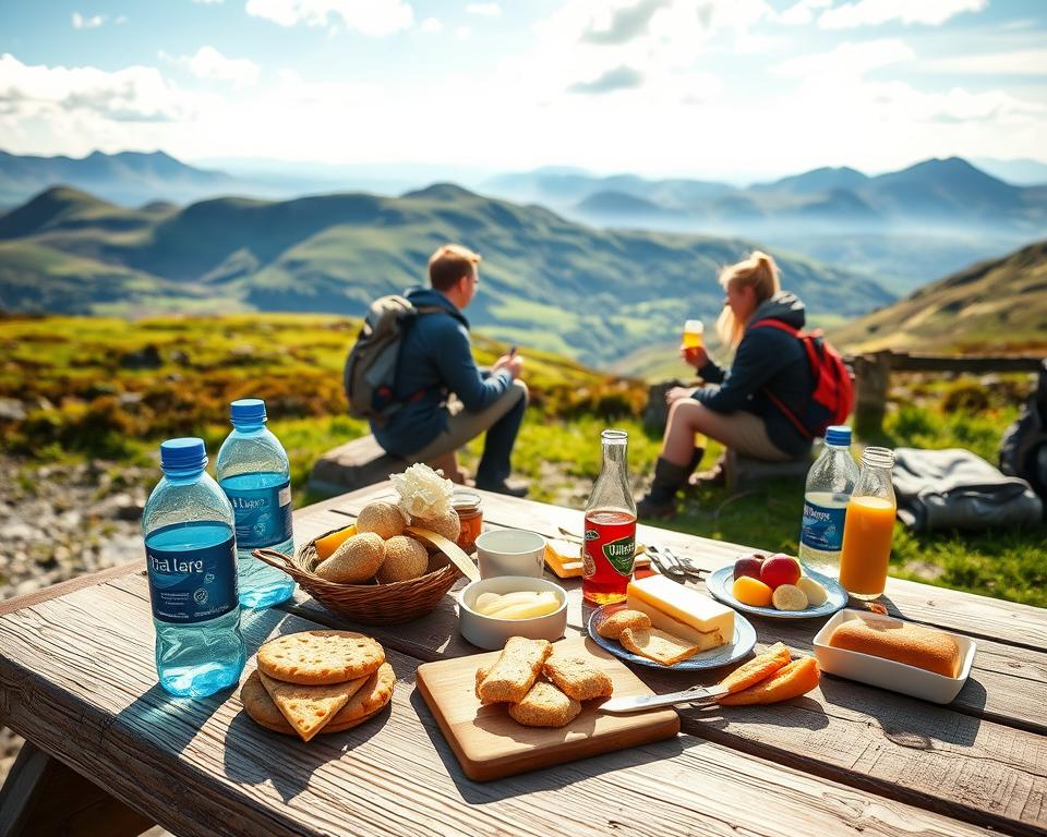 A picturesque scene depicting a vibrant resting spot along the West Highland Way in Scotland, highlighting essential provisions like water bottles, snacks, and freshly prepared food on a wooden picnic table. In the foreground, showcase a charming wooden table with a spread of local Scottish delicacies, such as shortbread, cheeses, and fruits. In the middle ground, display hikers in modest casual clothing, enjoying their meal and replenishing their energy amidst the stunning natural backdrop of green hills and distant mountains. The background should feature iconic Scottish landscapes under a bright, sunny sky, with soft, diffused lighting creating a welcoming atmosphere. Capture a sense of camaraderie and adventure while emphasizing the nourishment aspect of the journey.