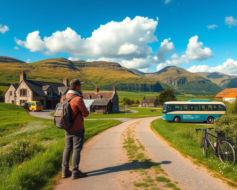 A picturesque scene depicting the arrival point of the West Highland Way in Scotland. In the foreground, a winding path leads towards a quaint village with traditional stone houses, surrounded by vibrant green hills and blooming wildflowers, representing the start of the hike. In the middle ground, a traveler in modest outdoor clothing peers at a map, symbolizing planning and transport logistics, while nearby, local transport options like a vintage bus and bicycles are parked. The background features dramatic Scottish highlands under a bright blue sky, with fluffy white clouds scattered above. The lighting is soft and warm, suggesting early morning or late afternoon, creating an inviting atmosphere filled with anticipation and adventure. Use a wide-angle lens to capture the expansive landscape, emphasizing the beauty of Scotland’s countryside.