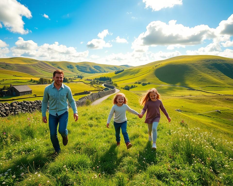 A picturesque scene of Ireland, focusing on a vibrant family vacation atmosphere during the ideal travel season. In the foreground, a smiling family with two children, dressed in modest casual clothing, joyfully exploring a lush green hillside, holding hands and admiring the landscape. In the middle, a winding scenic path leads through fields dotted with wildflowers, with a traditional stone wall adding charm. In the background, soft rolling hills are draped in various shades of green under a bright blue sky, illuminated by warm, golden sunlight filtering through fluffy white clouds. The overall mood is cheerful and adventurous, celebrating the beauty of Ireland in springtime, inviting families to explore.