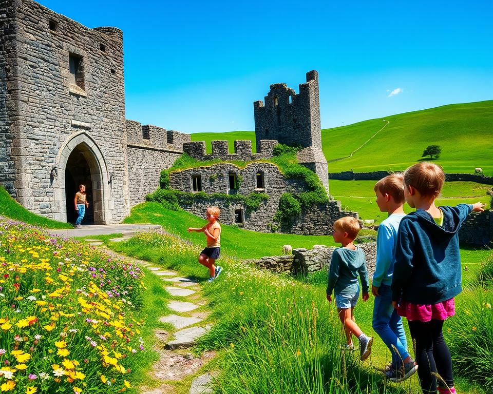 A picturesque scene of an ancient Irish castle surrounded by lush green hills, complete with a clear blue sky above. In the foreground, a path lined with vibrant wildflowers leads up to the castle’s impressive stone entrance. Children in modest casual clothing, with captivated expressions, explore the castle's exterior, pointing at intriguing details. The middle ground features crumbling stone walls adorned with creeping ivy and small archways, inviting adventure. In the background, rolling emerald hills extend into the distance, dotted with sheep and occasional trees. The lighting is bright and cheerful, evoking a sense of wonder and enchantment, ideal for families discovering the magic of Ireland. The angle captures the grandeur of the castle against the picturesque landscape.