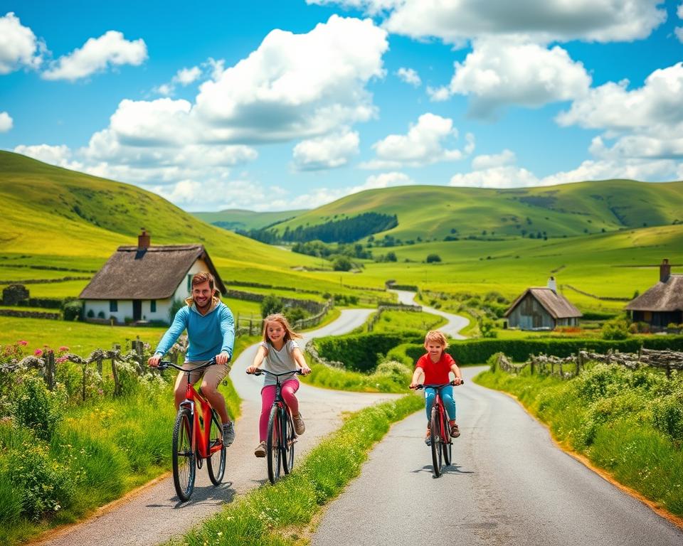 A picturesque scene of mobility in Ireland, featuring a family with two children exploring a vibrant green landscape. In the foreground, a happy family is joyfully riding bicycles along a scenic country road, all wearing casual, colorful clothing. In the middle ground, characterize a charming, winding path lined with lush green hedgerows and wildflowers, showcasing traditional Irish cottages with thatched roofs. In the background, feature rolling hills under a bright blue sky dotted with fluffy white clouds, symbolizing the serene and inviting atmosphere of the Irish countryside. The lighting should be warm and inviting, evoking a sense of adventure and wonder. Capture the essence of family travel and ease of mobility in lovely Ireland.