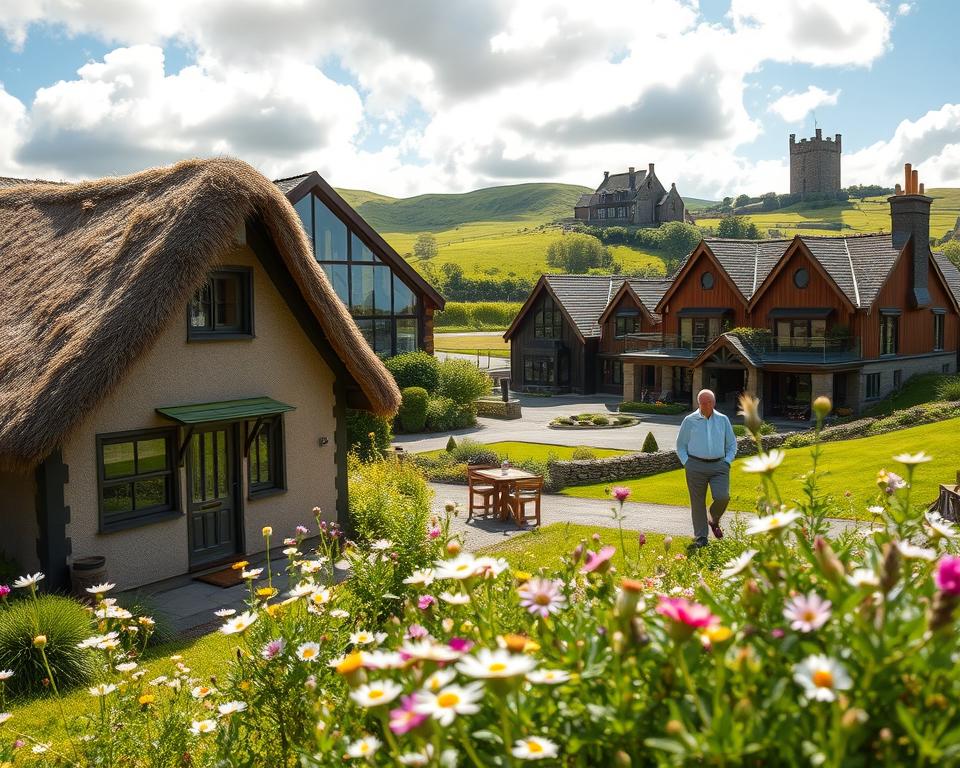 A picturesque scene showcasing various types of accommodations in Ireland, featuring a cozy, traditional Irish cottage in the foreground with a thatched roof and blooming wildflowers in the garden. In the middle ground, include a modern hotel with large windows and a rustic wooden exterior, blending with the lush green landscape. The background should depict rolling hills and a glimpse of a majestic castle, under a bright, partly cloudy sky with soft sunlight illuminating the scene. Capture the mood of warmth and welcoming charm that reflects Ireland’s natural beauty. Use a wide-angle lens to encompass the diversity of accommodations and create depth, inviting viewers to explore. Ensure all human figures, if present, are dressed in modest casual clothing, enjoying the serene atmosphere.