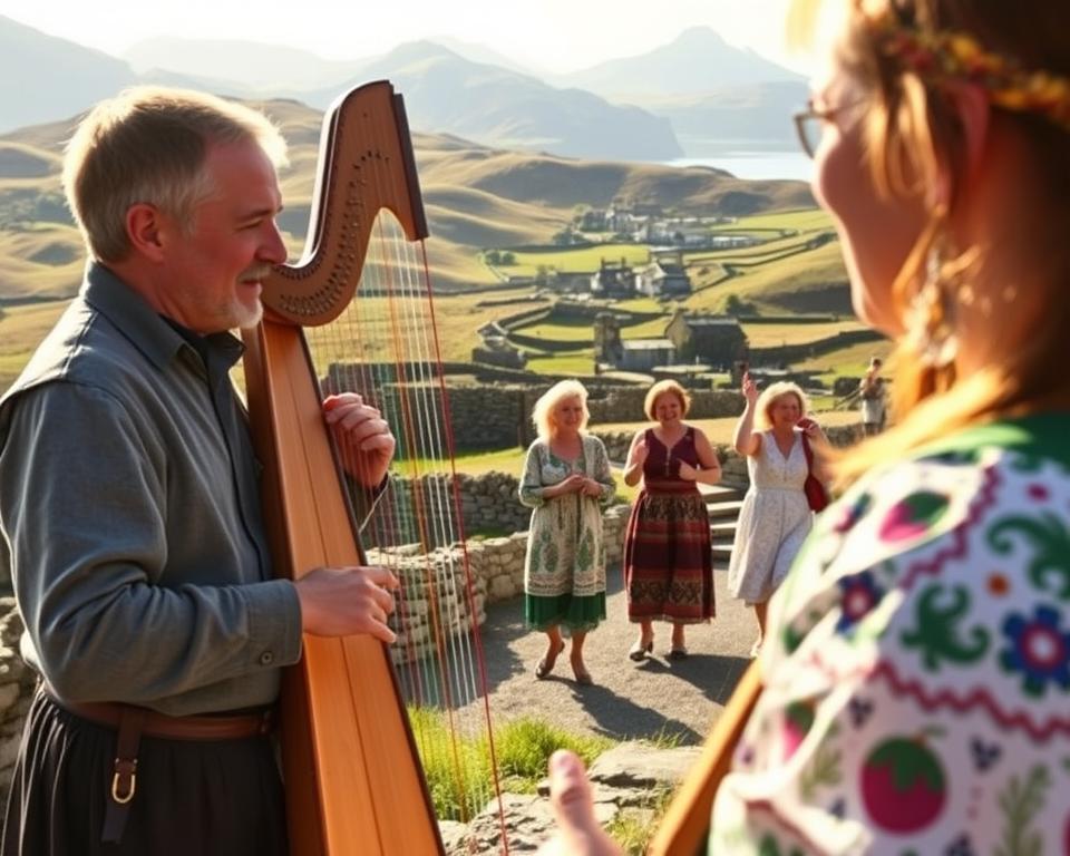 A picturesque view of Connemara, Ireland, showcasing its rich Irish culture. In the foreground, a traditional Irish musician plays a harp, wearing modest, colorful clothing, embodying the local spirit. The middle ground features a group of people engaged in a folk dance, their joyful expressions capturing the essence of community and tradition. The background showcases the stunning rugged landscapes of Connemara—rolling hills, stone walls, and a distant glimpse of a quaint village. Soft, golden sunlight bathes the scene, creating a warm and inviting atmosphere. The perspective is slightly elevated, providing depth to the image while highlighting the vibrant colors of nature and culture. The mood is celebratory and lively, reflecting the unique cultural experiences of Connemara.