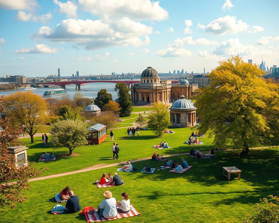 A picturesque view of Greenwich, London, capturing a perfect day for a day trip. In the foreground, include vibrant green parks filled with families enjoying their day, some sitting on picnic blankets and others walking with children. In the middle ground, depict the iconic Greenwich Observatory with its historical architecture and the famous Prime Meridian line, surrounded by blooming flowers and trees in full leaf. The background should showcase the River Thames, with boats gently drifting by and the London skyline in the distance under a bright blue sky with soft, fluffy clouds. Use warm lighting to evoke a cheerful atmosphere, as if bathed in the golden glow of late afternoon sunlight, captured with a wide-angle lens to enhance the scene's depth.
