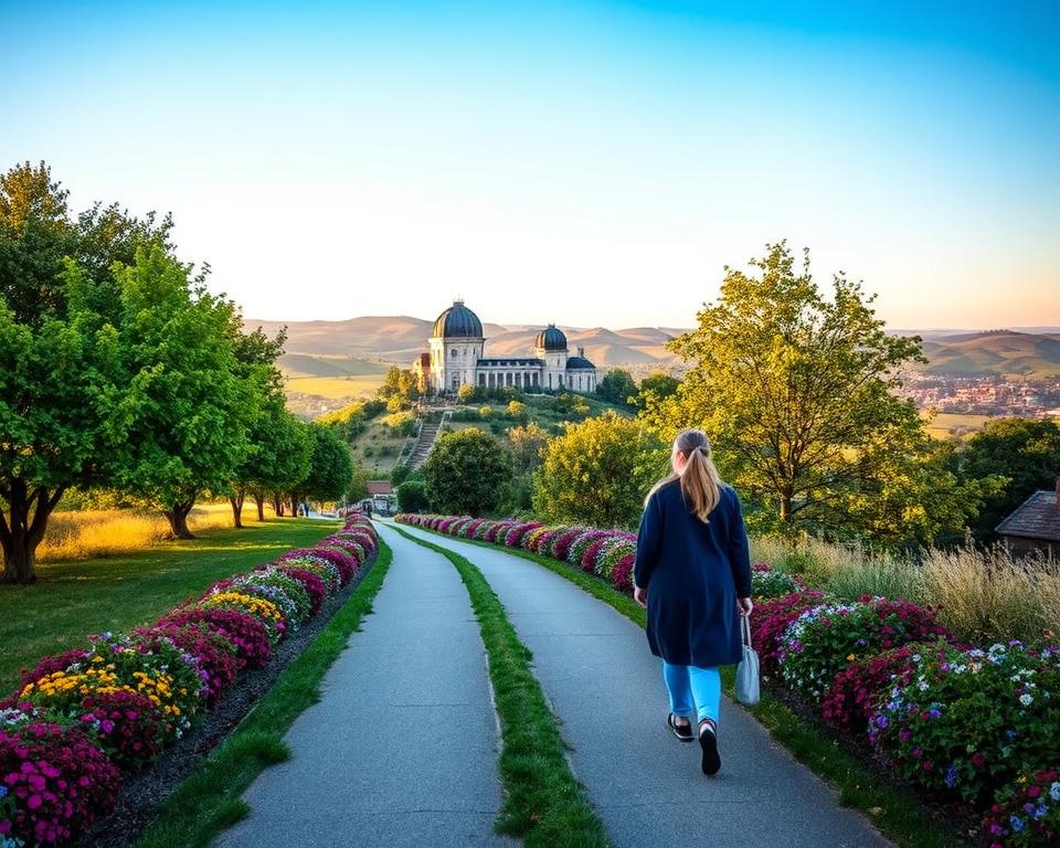 A picturesque view of the Greenwich Spaziergang Route, showcasing a scenic path lined with lush green trees and vibrant flower beds. In the foreground, a couple dressed in casual, modest clothing strolls hand in hand along the pathway, admiring their surroundings. The middle ground features the iconic Greenwich Observatory, with its historic architecture prominent against a clear blue sky. In the background, rolling hills fade into a gentle horizon, bathed in warm, golden sunlight that infuses the scene with a serene atmosphere. The lens captures the scene at a slightly elevated angle, emphasizing the depth of the route and inviting viewers to explore the beauty of Greenwich.