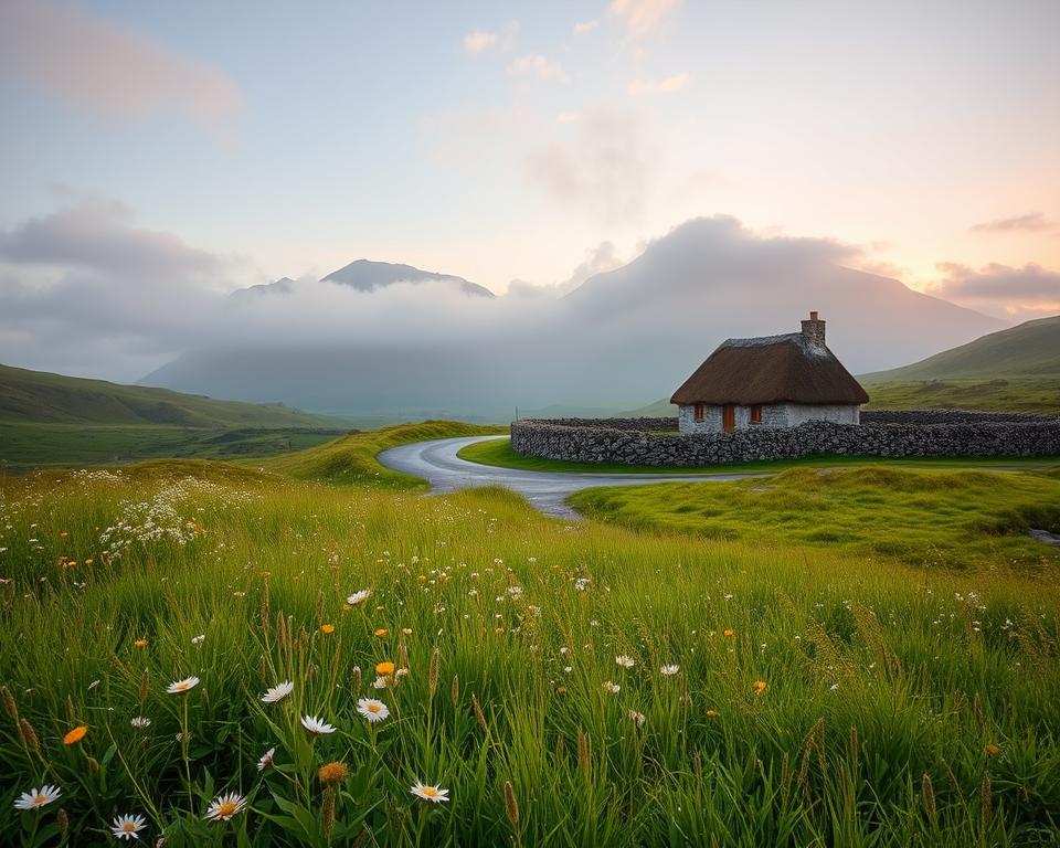 A picturesque view of the rugged Connemara landscape in Ireland during early morning light. In the foreground, vibrant green grass dotted with wildflowers, gently swaying in a cool breeze. The middle ground showcases a winding country road leading toward a traditional Irish cottage with thatched roof, surrounded by stone walls. In the background, the majestic Twelve Bens mountain range shrouded in soft morning mist, casting a serene and inviting atmosphere. The sky is a palette of pastel colors, reflecting the dawn, with hints of orange and pink breaking through the clouds. Capture this scene from a slightly elevated angle, emphasizing the expansive landscape and the sense of journey toward Connemara. The overall mood should evoke adventure and the beauty of nature, inviting viewers to explore this enchanting destination.