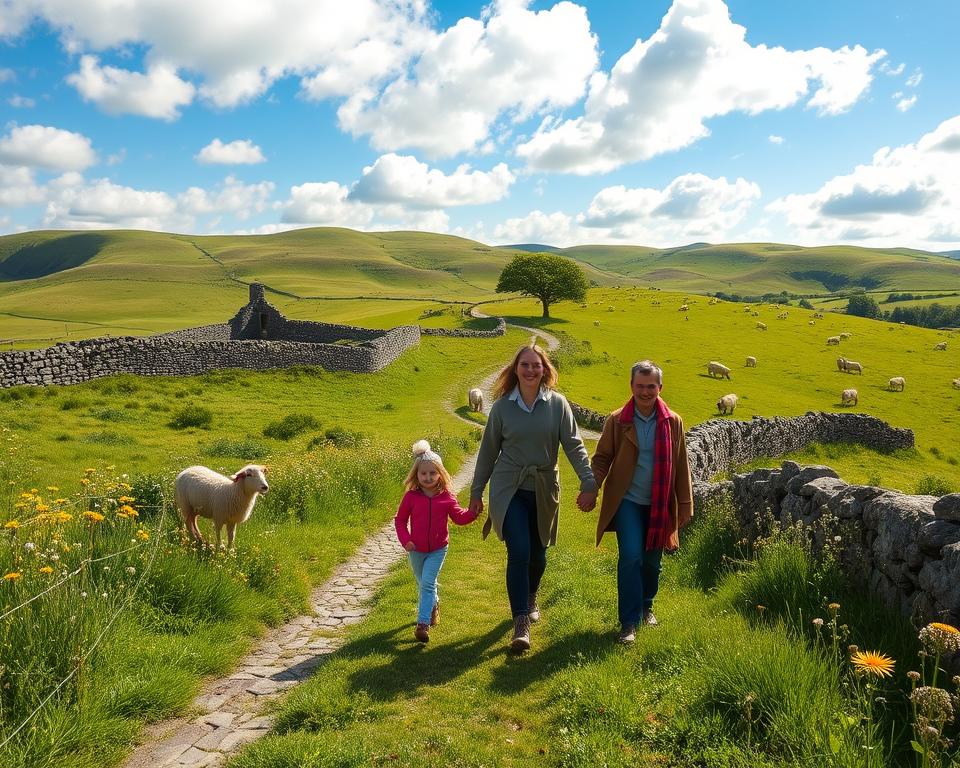 A scenic family-friendly route in Ireland, showcasing lush green hills and winding paths perfect for exploration. In the foreground, a cheerful family of four, dressed in cozy casual attire, walk hand in hand along a picturesque trail dotted with wildflowers. In the middle-ground, vibrant greenery, ancient stone walls, and grazing sheep add to the peaceful atmosphere. The background features rolling hills under a bright blue sky with fluffy white clouds, illuminated by soft, warm sunlight that casts gentle shadows. The overall mood is joyful and adventurous, inviting viewers to imagine a memorable family vacation in Ireland's beautiful landscapes. The image is captured from a slightly elevated angle to provide a panoramic view of the route.
