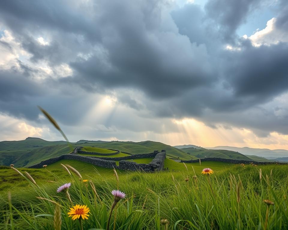A scenic view of Ireland under dynamic weather conditions, capturing the essence of the Emerald Isle. In the foreground, show lush green grass and colorful wildflowers swaying gently in a brisk wind. The middle ground features iconic rolling hills dotted with ancient stone walls and grazing sheep, all covered in vibrant moss. The background highlights a dramatic sky, filled with swirling gray clouds and rays of sunlight breaking through, illuminating parts of the landscape. Use a wide-angle lens to convey depth, and capture the image during the golden hour for warm, soft lighting. The atmosphere is both moody and enchanting, evoking the unpredictable beauty of Ireland’s weather, perfect for travelers exploring its breathtaking scenery.