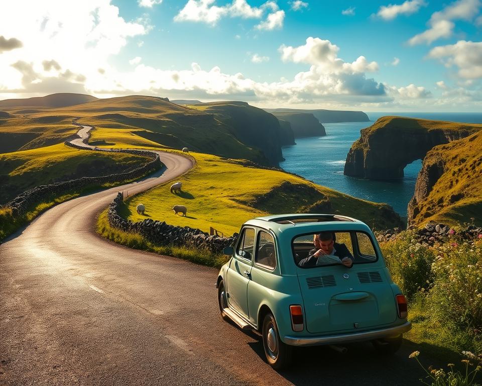 A scenic view of Ireland’s lush green landscape, featuring winding coastal roads that invite exploration. In the foreground, a small, classic car, parked alongside the road, with a couple in modest casual clothing, studying a map, embodying the spirit of adventure. The middle ground showcases rolling hills dotted with sheep and traditional stone walls, while the background presents dramatic cliffs overlooking the ocean, under a vibrant, partly cloudy sky, creating an uplifting atmosphere. Soft, golden sunlight bathes the scene, emphasizing the lush hues of green and the vibrant colors of wildflowers. The angle captures the beauty of both the car and the breathtaking surroundings, inviting viewers to experience the joy of a road trip across Ireland.