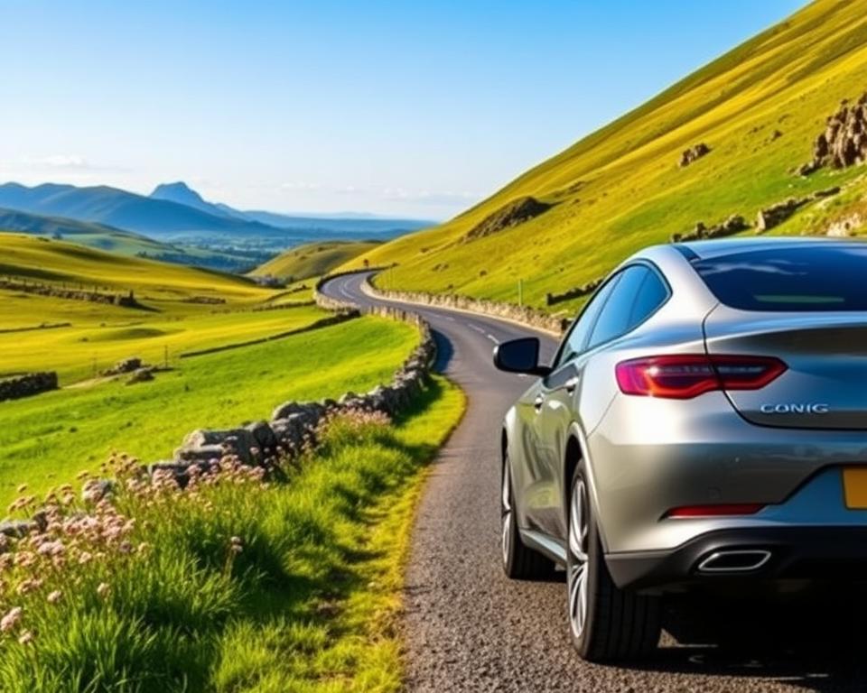 A scenic view of a lush, green Irish landscape with rolling hills and a winding road, showcasing a sleek, modern rental car parked on the side. In the foreground, the car should be prominently displayed, gleaming under soft, natural sunlight to highlight its curves and features. The middle ground features a picturesque stretch of road leading into the distance, flanked by vibrant wildflowers and stone walls typical of the Irish countryside. In the background, hints of distant mountains and a clear blue sky suggest a warm, inviting atmosphere suitable for a road trip. Capture the essence of adventure and exploration, evoking feelings of freedom and excitement in the viewer. The perspective should be slightly elevated to provide a comprehensive view of the scene, focusing on the blend of the car and the breathtaking landscape.