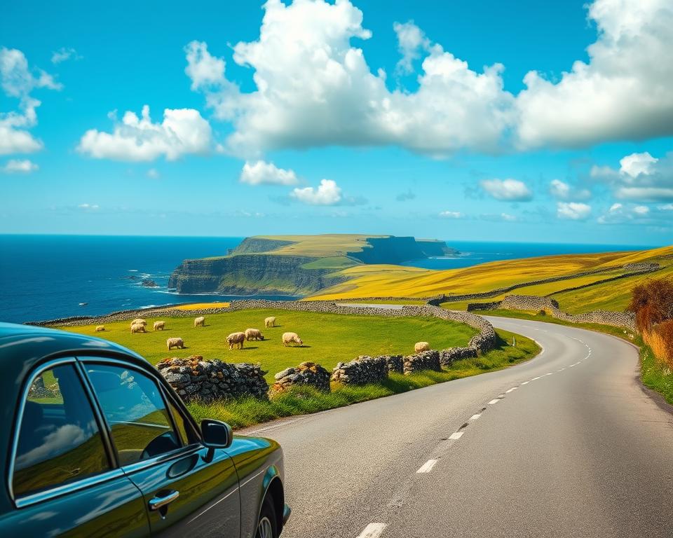 A scenic view of an Irish road trip, featuring a winding coastal road lined with vibrant green hills and cliffs. In the foreground, a classic car drives along the road, its sleek lines contrasting with the lush landscape. The middle ground showcases sheep grazing in fields, with the weathered stone walls typical of the Irish countryside. In the background, the dramatic cliffs meet the Atlantic Ocean under a bright blue sky with fluffy white clouds, evoking a sense of adventure and exploration. The sunlight casts a warm glow on the landscape, highlighting the rich colors of the scenery. The mood is serene and inviting, capturing the beauty and allure of an Irish road trip. The perspective is slightly elevated, providing a panoramic view of the iconic landscape.