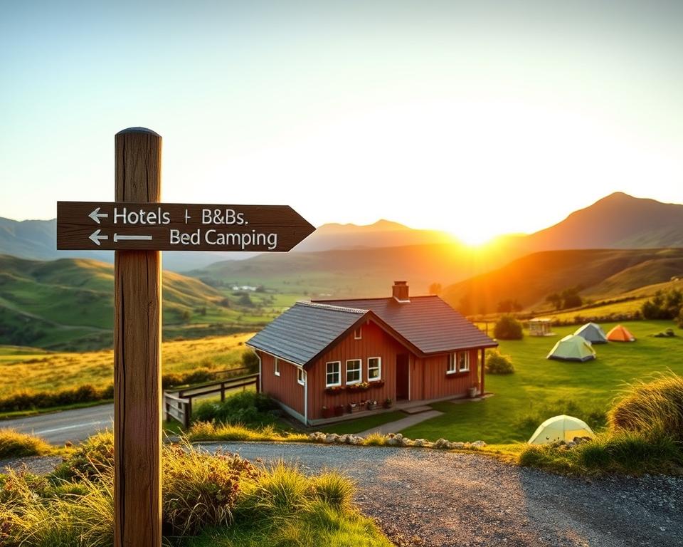 A scenic view of cozy accommodations along the West Highland Way in Scotland, showcasing a charming small hotel and a traditional B&B nestled amidst lush, green hills. In the foreground, a wooden signpost with directional arrows points to "Hotels," "B&Bs," and "Camping." The middle ground features the inviting exterior of a warm, rustic hostel with flower boxes, surrounded by a few tents pitched in a nearby camping area. In the background, rolling hills and majestic mountains create a dramatic backdrop, under a soft, golden sunset that casts a warm glow over the landscape. The atmosphere is serene and welcoming, reflecting the tranquil beauty of nature. Use a wide-angle lens to capture the vastness of the scene. Ensure the image is bright and vibrant, evoking a feeling of adventure and relaxation.