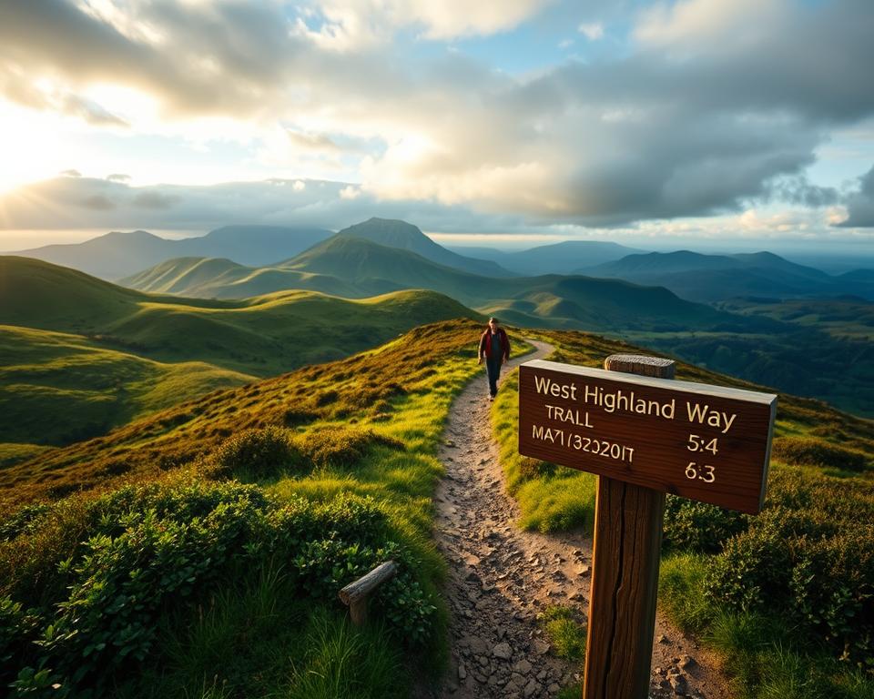 A scenic view of the West Highland Way in Scotland, depicting a diverse landscape with rolling green hills, rugged mountains in the distance, and a winding path through lush vegetation. In the foreground, add a detailed wooden trail sign with engraved waypoints and distances, symbolizing waypoints for the hike. The middle ground should feature hikers in modest casual clothing, enjoying the trail, capturing the spirit of adventure and camaraderie. The background should showcase a dramatic sky with soft, golden sunlight filtering through the clouds, creating a warm, inviting atmosphere. Use a wide-angle lens to emphasize the expanse of the landscape, highlighting both the trail and the surrounding natural beauty, evoking a sense of exploration and tranquility.