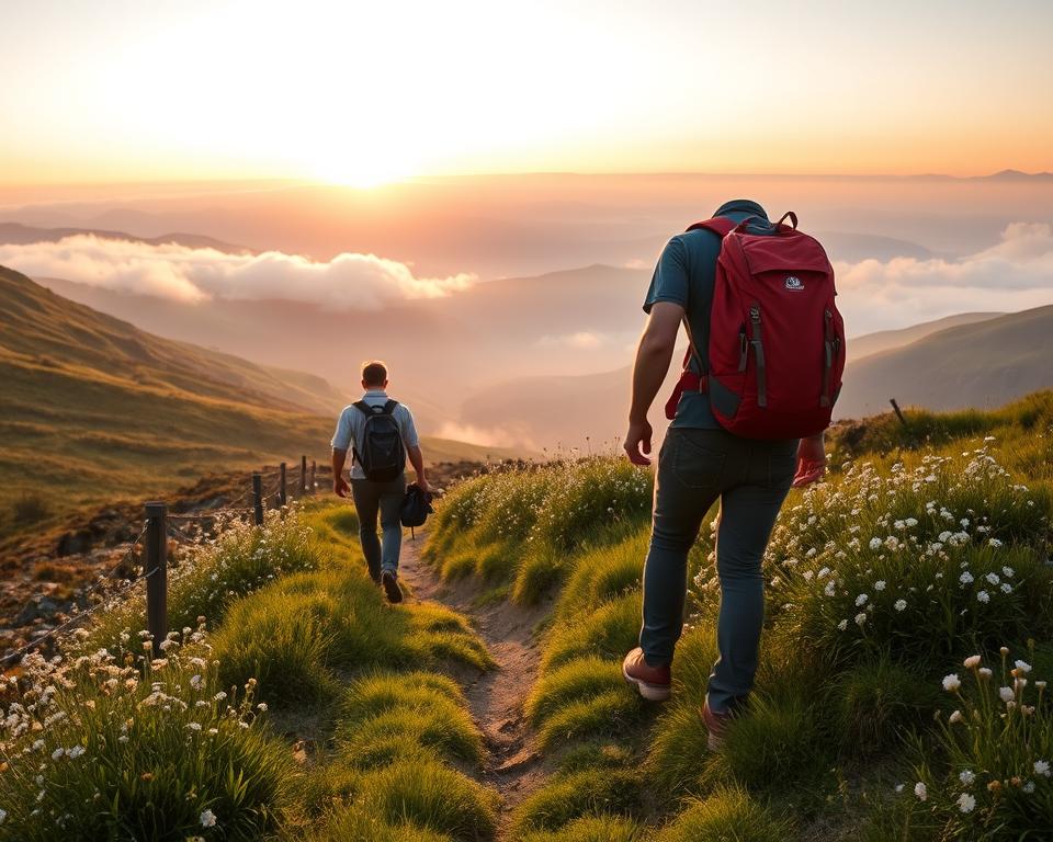 A scenic view of the West Highland Way in Scotland during the best travel season. In the foreground, a hiker dressed in casual outdoor gear walks along a lush green path lined with blooming wildflowers, evoking a sense of adventure. The middle ground showcases rolling hills and distant mountains shrouded in soft mist, creating a mystical atmosphere. In the background, the sky is painted with warm hues of sunset, casting a golden light over the landscape, highlighting the natural beauty of the region. The scene conveys a serene and inviting mood, perfect for hiking. Use a wide-angle lens to capture the expansive scenery, with soft diffused lighting to enhance the warm tones of the landscape.
